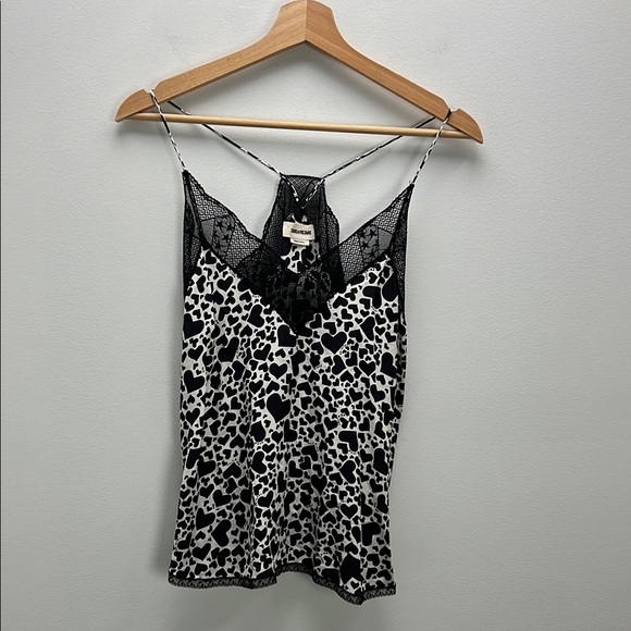 Zadig & Voltaire Christy Silk Camisole Heart Print Back White Lace Trim Cami XS - Picture 1 of 7